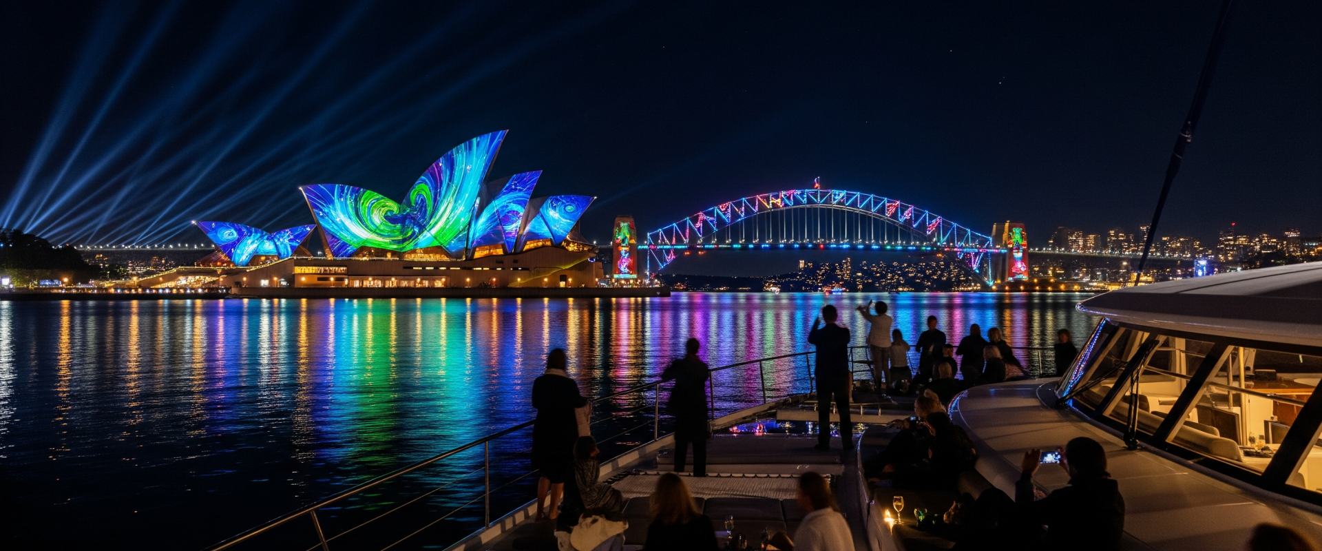 Vivid Sydney light festival viewed from a boat on Sydney Harbour with the Opera House illuminated