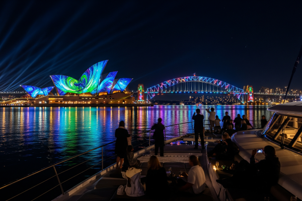 Vivid Sydney light festival viewed from a boat on Sydney Harbour with the Opera House illuminated